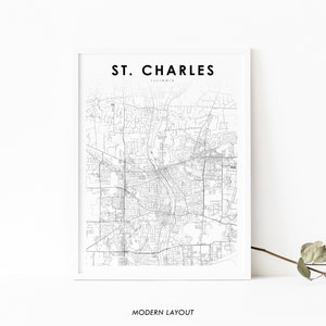 Impressão de mapa de St. Charles IL, pôster de arte de mapa de Illinois EUA, DuPage Kane, impressão de mapa de estradas de ruas da cidade, decoração de parede de escritório de berçário, mapa para impressão