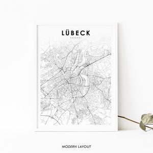 Lübeck Duitsland kaart afdrukken, Lübeck Deutschland kaart kunst poster, stad straat routekaart afdrukken, kinderkamer muur kantoor decor, afdrukbare kaart