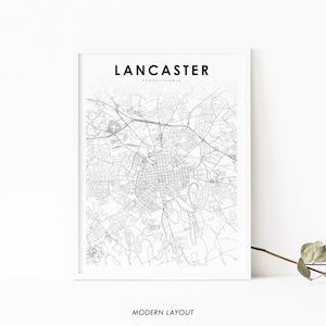 Impressão de mapa de Lancaster PA, pôster de arte de mapa da Pensilvânia, EUA, impressão de mapa de estradas de ruas da cidade, decoração de parede de quarto de berçário, mapa para impressão