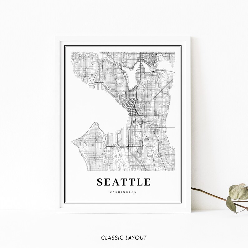 May include: Black and white map print of Seattle, Washington. The map shows the city streets and waterways. The text "Seattle, Washington" is printed below the map.