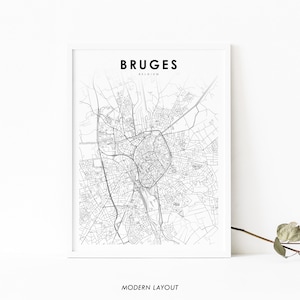 Impressão de mapa de Bruges Bélgica, pôster de arte de mapa, Brugge Brügge Flemish, impressão de mapa de ruas de estradas da cidade, decoração de parede de quarto de berçário, mapa para impressão