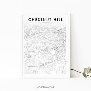 Chestnut Hill MA Mapa Impresión, Massachusetts EE.UU. Mapa Arte Cartel, Boston, City Street Road Map Impresión, Decoración de la pared de la oficina de la guardería, Imprimible