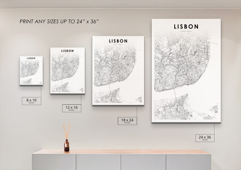 May include: A white canvas print of a black and white map of Lisbon, Portugal. The print is available in various sizes, from 8x10 inches to 24x36 inches.