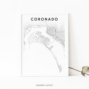 Coronado CA Karte Druck, Kalifornien USA Karte Kunst Poster, San Diego Bay, Stadt Straße Karte Druck, Kinderzimmer Wand Büro Dekor, druckbare Karte