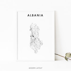 Impressão de mapa da Albânia, pôster de arte de mapa de estradas do país, pôster de mapa da Europa albanesa de Tirana, decoração de escritório de parede de quarto de berçário, mapa imprimível