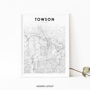 Towson MD Map Print, Maryland USA Map Art Poster, Baltimore, City Street Road Map Print, Nursery Room Wall Office Decor, Printable Map