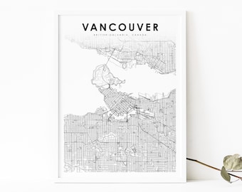 Downtown Vancouver BC kaart afdrukken, British Columbia Canada kaart Art Poster, stadskaart afdrukken, kinderkamer muur Office Decor, afdrukbare kaart