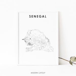 Impresión de mapas de Senegal, cartel de arte del mapa de carreteras del país, arte del mapa de África Occidental de Senegal Dakar, decoración de la oficina de la pared de la sala de la guardería, mapa imprimible