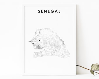 Senegal Map Print, Country Road Map Art Poster, Sénégal Dakar West Africa Map Art, Nursery Room Wall Office Decor, Printable Map