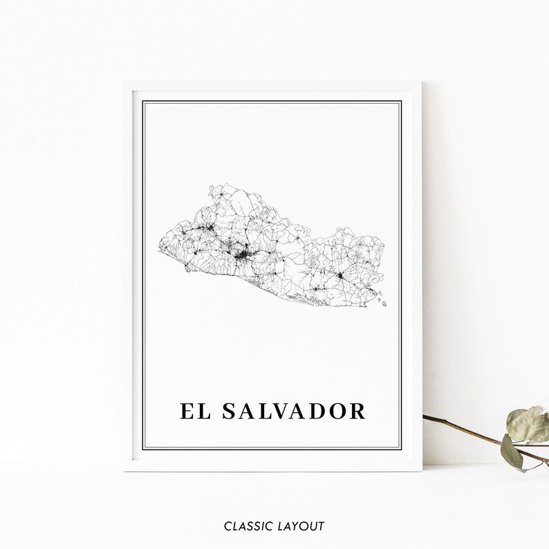 K&ouml;nnte beinhalten: Eine Schwarz-Wei&szlig;-Linienkarte von El Salvador mit dem Landnamen darunter. Die Karte ist in einem wei&szlig;en Rahmen gerahmt und befindet sich auf einem wei&szlig;en Hintergrund.