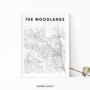 Impressão de mapa de The Woodlands TX, pôster de arte de mapa do Texas EUA, Montgomery, impressão de mapa de estradas de rua da cidade, decoração de escritório de parede de quarto de berçário, mapa para impressão
