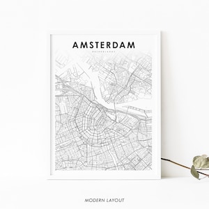 Impression de carte du centre-ville d'Amsterdam Pays-Bas, affiche d'art de carte de Hollande, impression de carte routière de rue de ville, décor de bureau de mur de salle de pépinière, carte imprimable