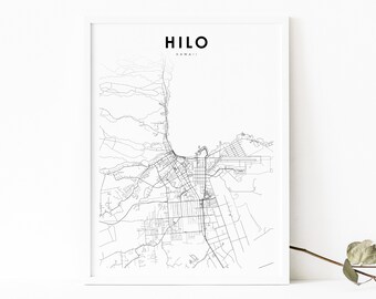 May include: A black and white line art map of Hilo, Hawaii. The map shows the city's streets and landmarks. The text "HILO" and "HAWAII" are printed above the map. The text "MODERN LAYOUT" is printed below the map.