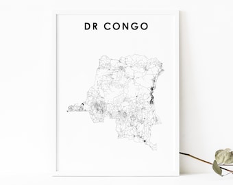 DR Congo Map Print, Road Map Art Poster, DRC Democratic Republic of the Congo Africa Map Art, Nursery Room Wall Office Decor, Printable Map