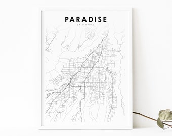 Paradise CA Map Print, California USA Map Art Poster, Butte County City Street Road Map Print, Decoración de la oficina de la pared de la guardería, Mapa imprimible