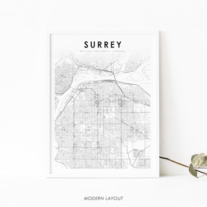 Impressão de mapa de Surrey BC, pôster de arte de mapa da Colúmbia Britânica Canadá, impressão de mapa de estradas de ruas da cidade, decoração de parede de quarto de berçário, mapa para impressão