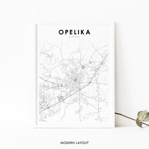 Opelika AL Map Print, Alabama USA Map Art Poster, Lee County, City Street Road Map Print, Kinderkamer Kantoor Muur Decor, Afdrukbare kaart