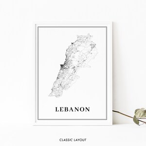May include: A black and white line art map of Lebanon with the word "LEBANON" printed below the map. The map is framed in a white frame with a black border. The text "CLASSIC LAYOUT" is printed below the frame.