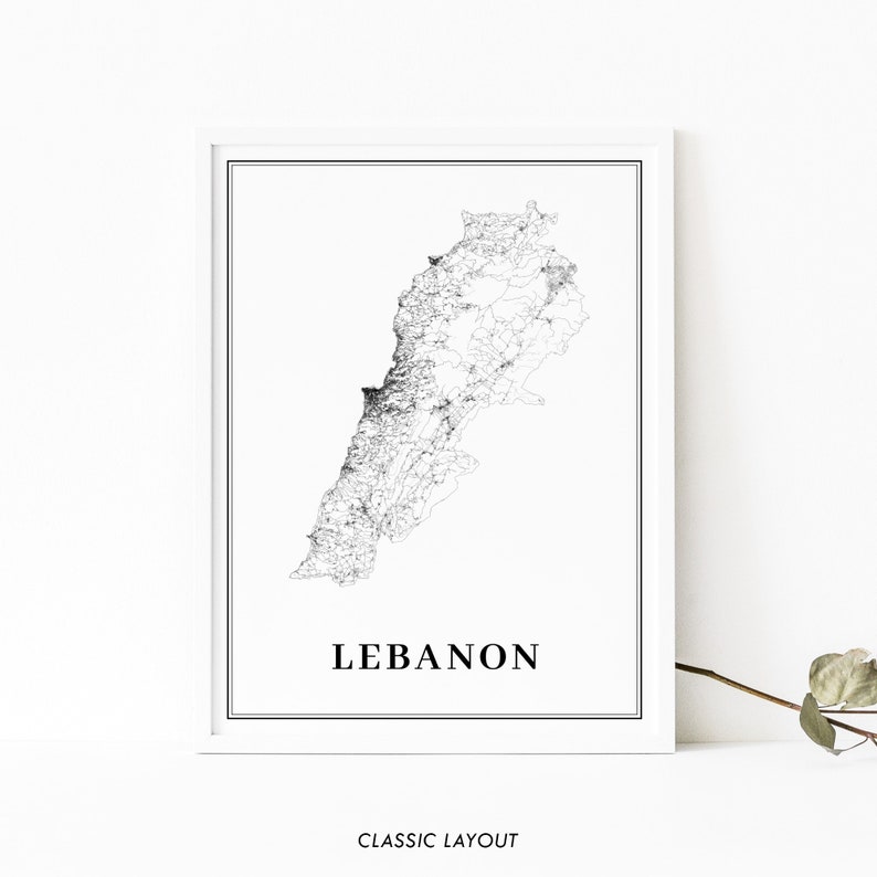 May include: A black and white line art map of Lebanon with the word "LEBANON" printed below the map. The map is framed in a white frame with a black border. The text "CLASSIC LAYOUT" is printed below the frame.