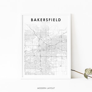 Bakersfield CA Map Print, California USA Map Art Poster, City Street Road Map Print, Nursery Room Wall Office Decor, Printable Map