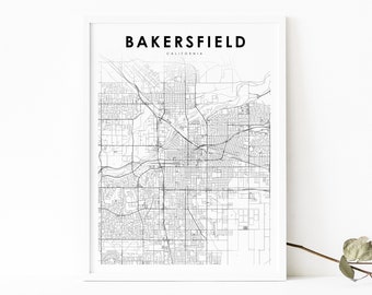 Bakersfield CA Map Print, California USA Map Art Poster, City Street Road Map Print, Nursery Room Wall Office Decor, Printable Map