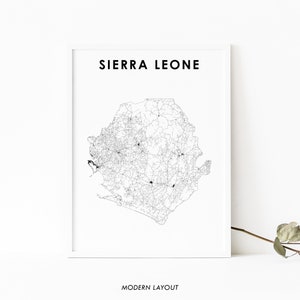 Impresión de mapas de Sierra Leona, cartel del mapa de carreteras del país, arte del mapa de Freetown West Africa, decoración de la oficina de la pared de la guardería, mapa imprimible