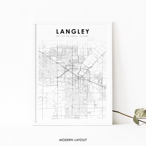 Langley BC carte impression, Colombie-Britannique Canada carte Art affiche, ville rue route carte impression, pépinière chambre mur bureau Decor, carte imprimable