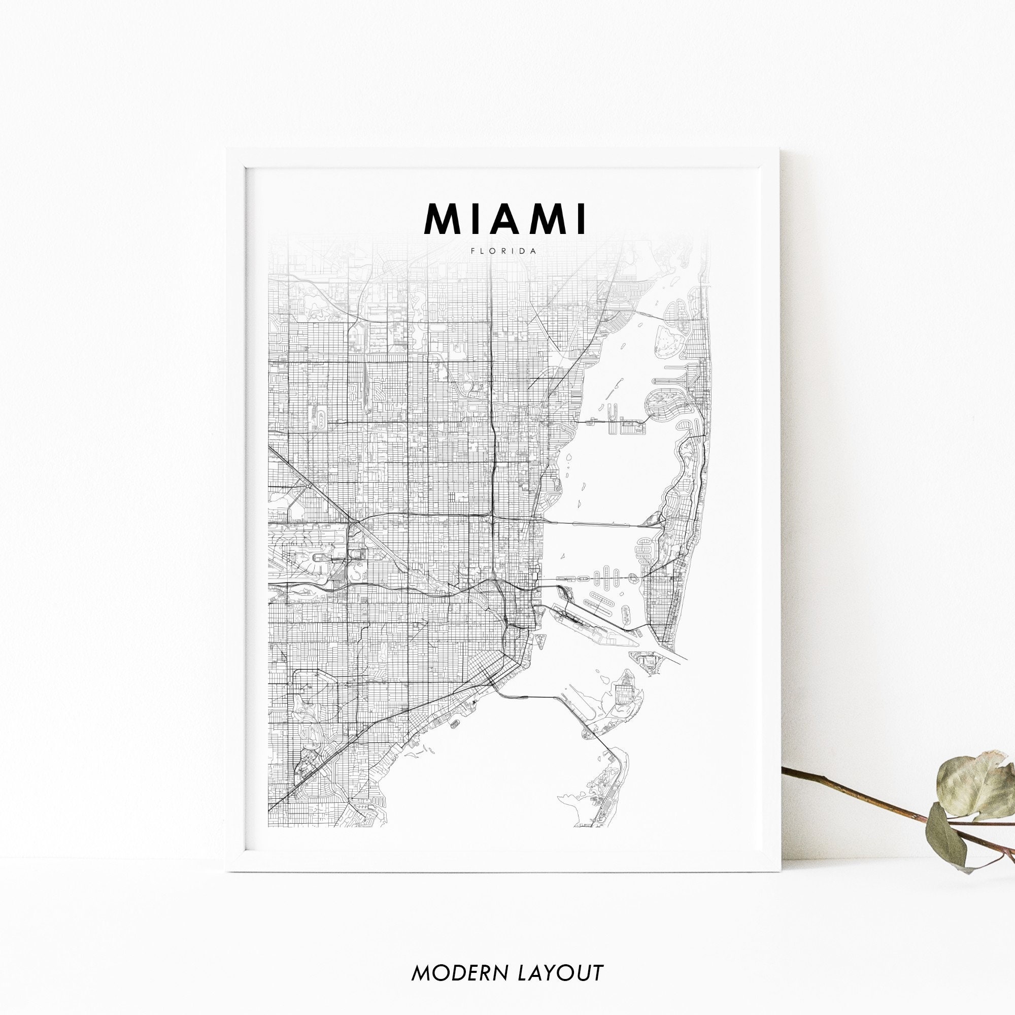 miami fl map print florida usa map art poster city street etsy