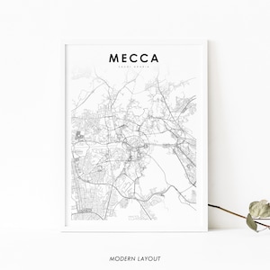 Impressão de mapa de Meca Arábia Saudita, pôster de arte de mapa, Makkah Bakkah Kaaba, impressão de mapa de ruas de estradas da cidade, decoração de parede de quarto de berçário, mapa para impressão