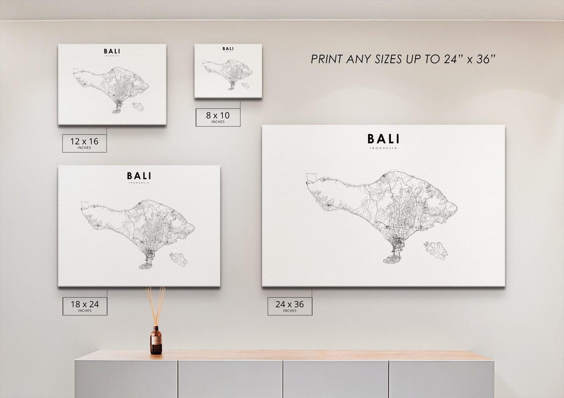 Bali Indonesia Map Print, Road Map Art Poster, Kuta Denpasar Ubud Sanur ...