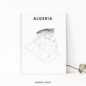 Impression de carte de l'Algérie, affiche de carte routière, art de carte de pays, الجزائر الدزاير Algérie Alger Afrique, décor de bureau de chambre de pépinière, carte imprimable