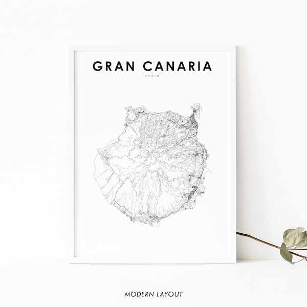 Impression de carte des îles Canaries de Gran Canaria, affiche d'art de carte d'Espagne, impression de carte routière de rue de Canarias, décor de bureau de mur de salle de pépinière, carte imprimable