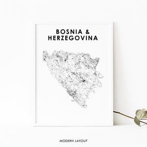 Impression de carte de Bosnie-Herzégovine, affiche d'art de carte routière, affiche de carte de pays d'Europe de B&H BiH, décor de bureau de mur de salle de pépinière, carte imprimable