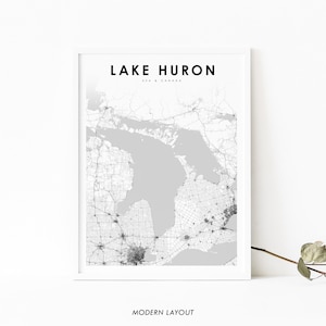 Lake Huron Karte Druck, Great Lakes Michigan USA Ontario Kanada Karte Kunst Poster, Kinderzimmer Wand Büro Dekor