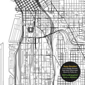 May include: A black and white detailed map of a city with a stadium in the center. The map includes roads, streets, railroads, waterways, airports, trails, and other features. The text "Super Detailed" and "Every Roads, Streets, Railroads, Waterways, Airports, Trails, etc. Still looking great from a distance" is in a black circle with a white outline.