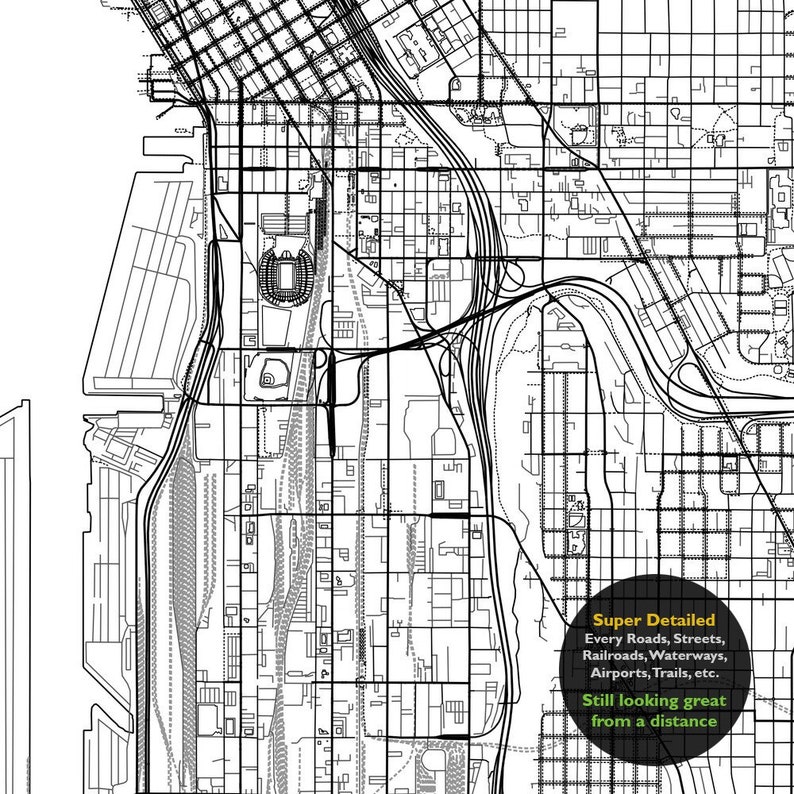 May include: A black and white detailed map of a city with a stadium in the center. The map includes roads, streets, railroads, waterways, airports, trails, and other features. The text "Super Detailed" and "Every Roads, Streets, Railroads, Waterways, Airports, Trails, etc. Still looking great from a distance" is in a black circle with a white outline.