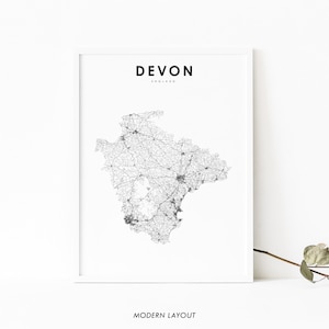 Devon England Karte Print, UK United Kingdom Road Map Art Poster, Exeter Devonshire Map Art, Kinderzimmer Wand Büro Dekor, druckbare Karte
