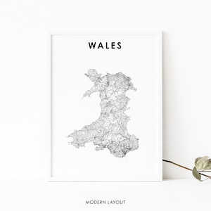 Wales kaart afdrukken, routekaart Art Poster, UK Verenigd Koninkrijk Groot-Brittannië Cardiff Swansea kaart kunst, kinderkamer muur Office Decor, afdrukbare kaart