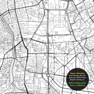 May include: A black and white map of a city with a large park in the center. The map shows all the streets, roads, and waterways in the city. The text "Super Detailed" and "Every Roads, Streets, Railroads, Waterways, Airports, Trails, etc." and "Still looking great from a distance" is in a yellow circle on the bottom right of the map.