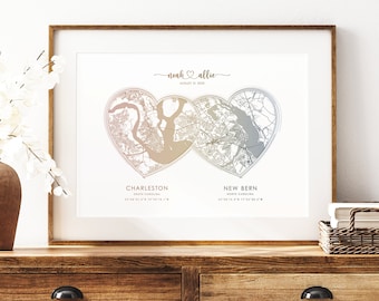 Personalized Heart Map Print, Two Hearts A, Wedding Gift, Engagement Gift, Valentines Day Gift, Gift Couple, Custom Heart Map, FREE SHIPPING