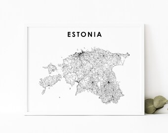 Estonia Map Print, Country Road Map Art Poster, Eesti Vabariik Estonian Tallinn Map Art, Nursery Room Wall Office Decor, Printable Map
