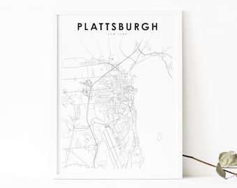 Plattsburgh NY Map Print, New York USA Map Art Poster, Clinton County, City Street Map Print, Nursery Room Wall Office Decor, Printable Map
