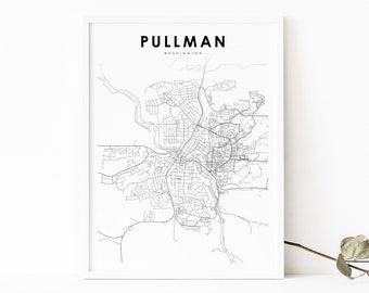 Pullman WA Map Print, Washington USA Map Art Poster, WSU Whitman, City Street Road Map Print, Decoración de la oficina de la pared de la guardería, Mapa imprimible