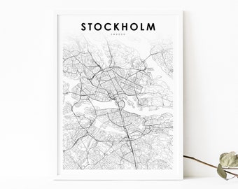May include: A black and white map print of Stockholm, Sweden. The map shows the city's streets and waterways. The title "STOCKHOLM" and "SWEDEN" are printed at the top of the map.