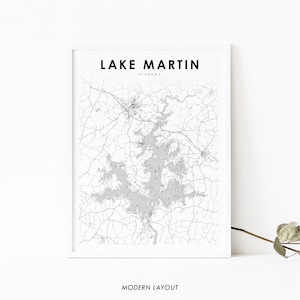 Impression de carte Lake Martin AL, Alabama USA carte art poster, Tallapoosa, impression de carte routière de la ville, décoration murale de bureau de chambre d'enfant, carte imprimable