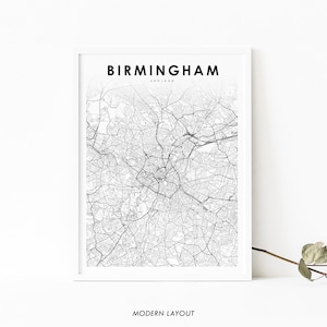 Impressão de mapa de Birmingham, Inglaterra, pôster de arte de mapa do Reino Unido, impressão de mapa de estradas da cidade, decoração de escritório de parede de quarto de berçário, mapa para impressão