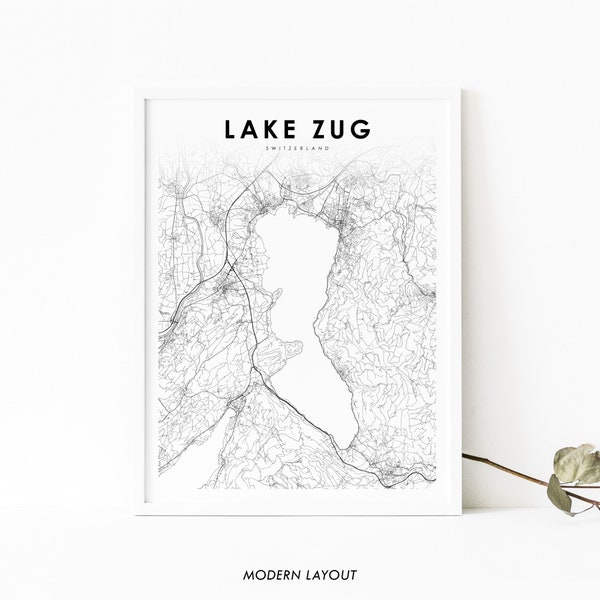 Lake Zug Zwitserland kaart afdrukken, Zugersee Zwitserse kaart kunst poster, stad straat routekaart afdrukken, kinderkamer muur kantoor decor, afdrukbare kaart