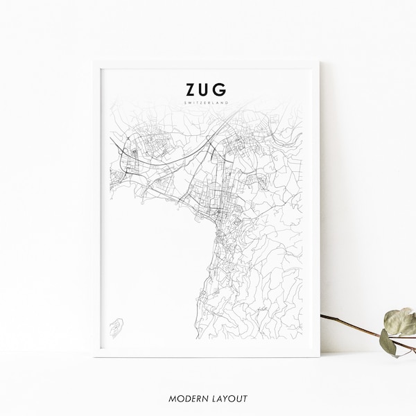 Zug Zwitserland kaart afdrukken, Zwitserse kaart kunst poster, Zoug Zugo, stad straat routekaart afdrukken, kinderkamer muur kantoor decor, afdrukbare kaart