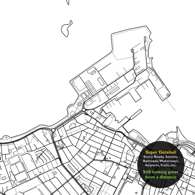 May include: A black and white line drawing of a city map with a circle in the lower right corner that says "Super Detailed" and "Every Roads, Streets, Railroads, Waterways, Airports, Trails, etc. Still looking great from a distance."