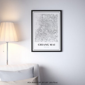 May include: Black and white map print of Chiang Mai, Thailand in a black frame. The print is 20 inches by 28 inches (50 cm by 70 cm).